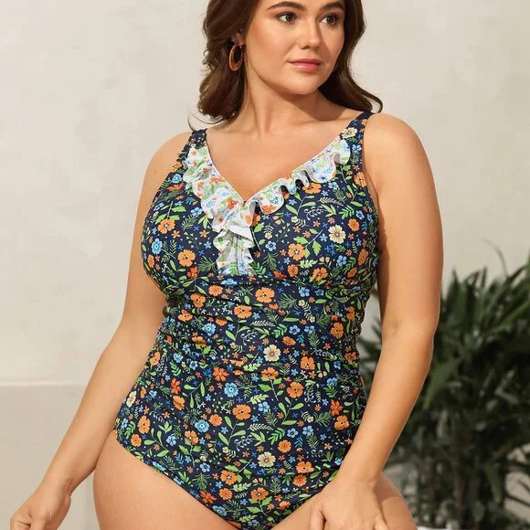 BloomChic 3X (22–24) Indigo Floral Ruffle Trim One-Piece Swimsuit NWT - Picture 2 of 10